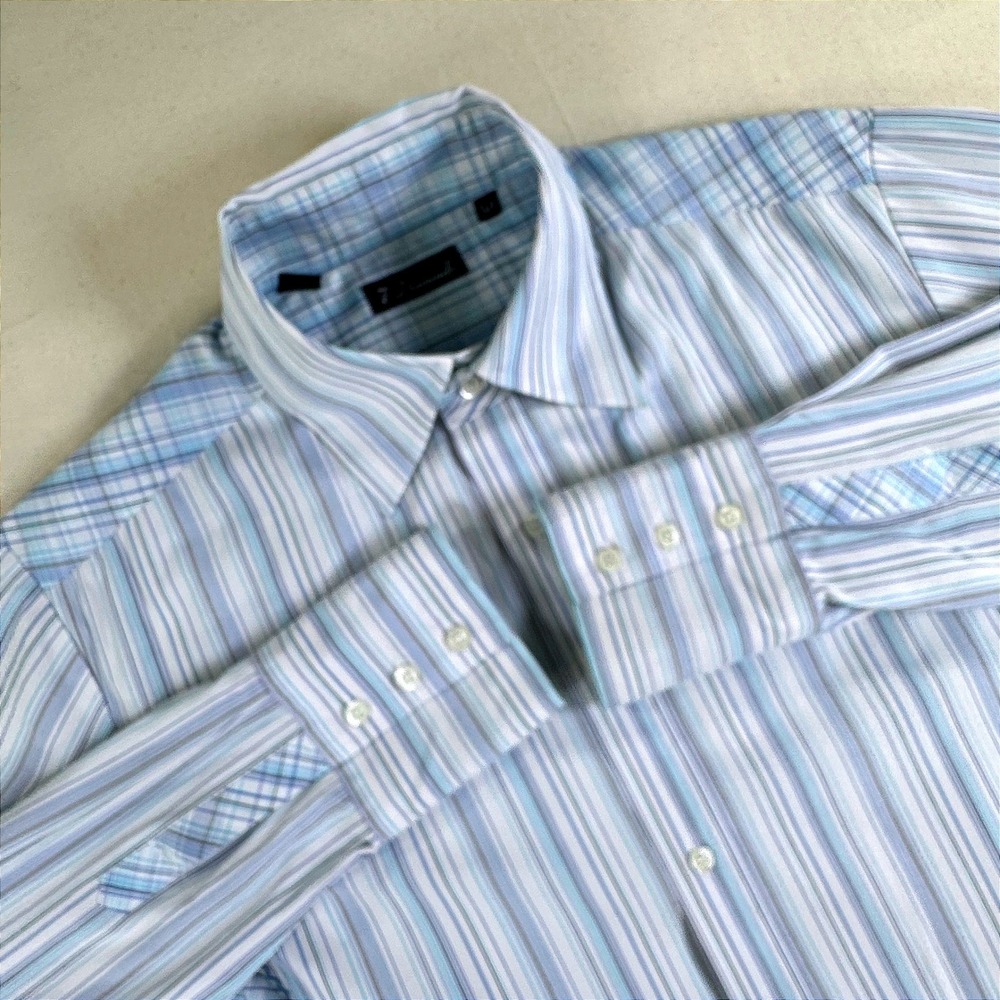 7 Diamonds Mens Blue White Striped Plaid Accent Long Sleeve Button Down Shirt M